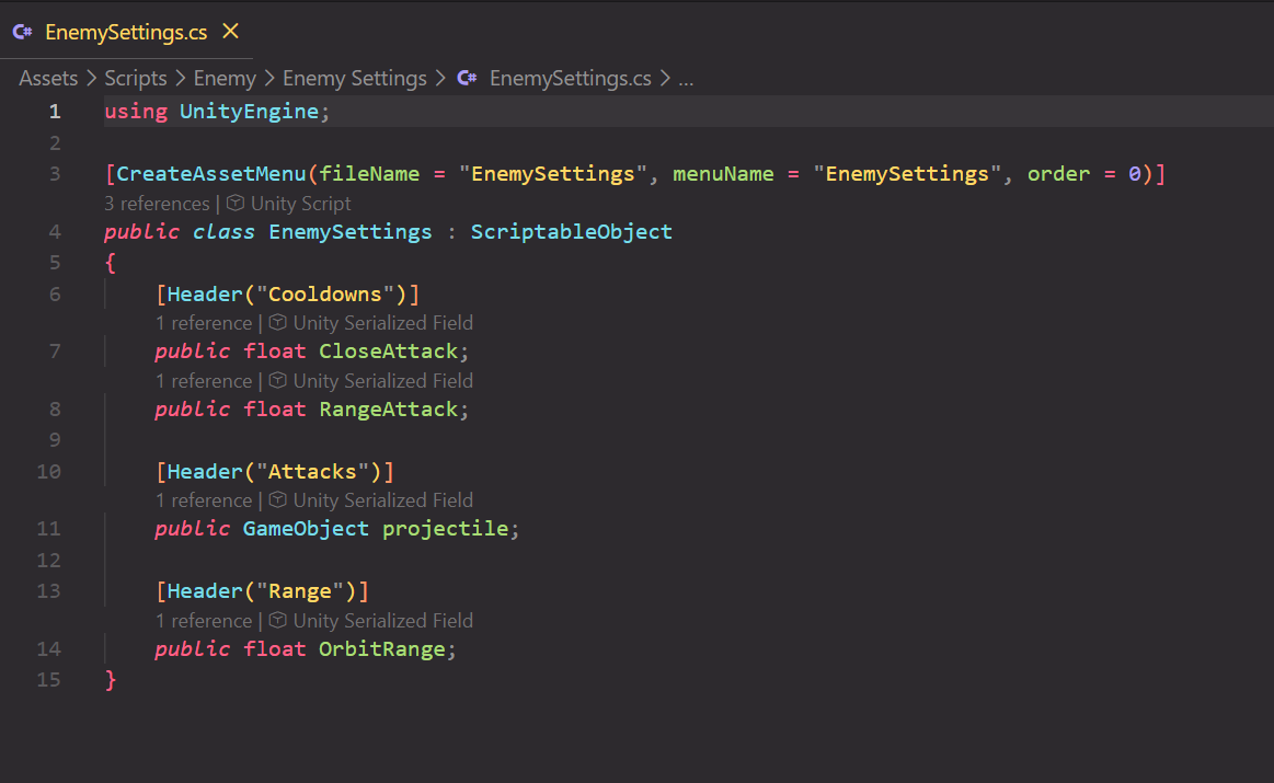 Enemy Settings Unity Script